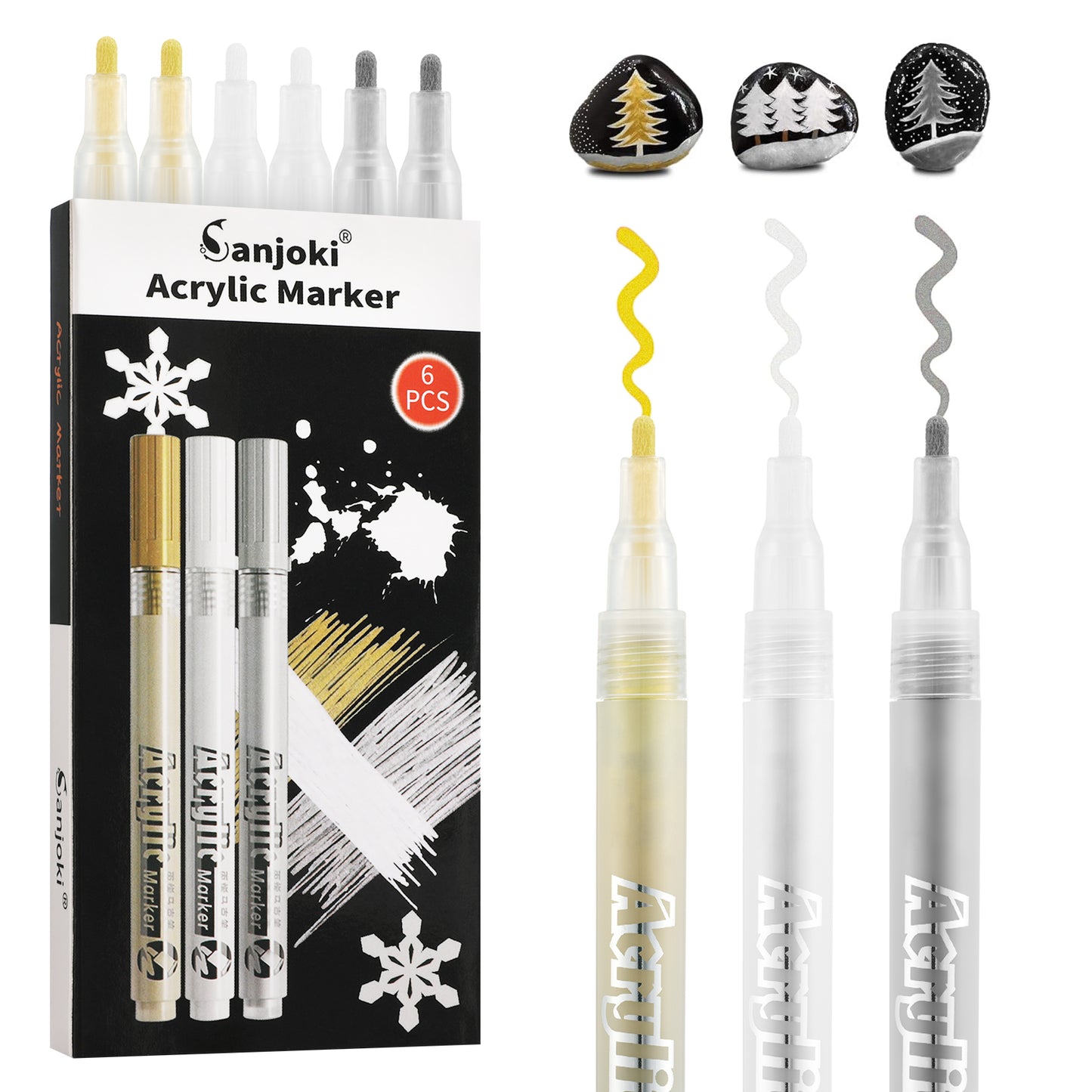 Acrylic Paint Pens, Set of 6, 2 Gold,2 White,2 Silver Marking Pen Extra Fine Tip, Model,Rock Painting, Fabric, Glass, Wood
